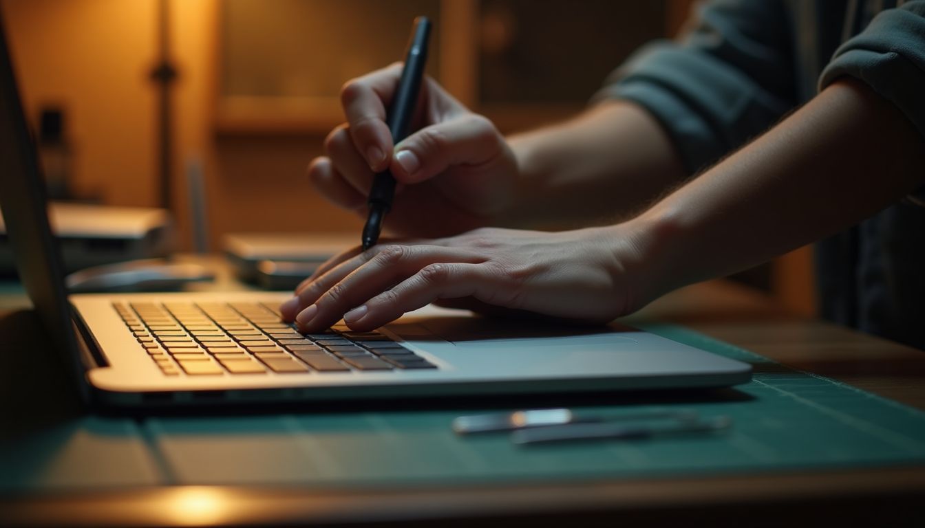 A cinematic photograph of a home workbench at dusk with a laptop open, a screwdriver set and a small circuit board under warm golden workshop light, tools laid out in order, calm focused mood, charcoal and amber tones, photorealistic, no text