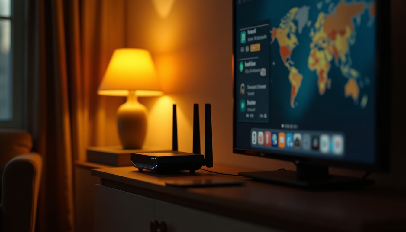 A cinematic photograph of a living room corner with a router on a shelf, a smart TV glowing softly and a wifi signal flowing through warm amber light between devices, cozy evening mood, charcoal and amber tones, photorealistic, no text