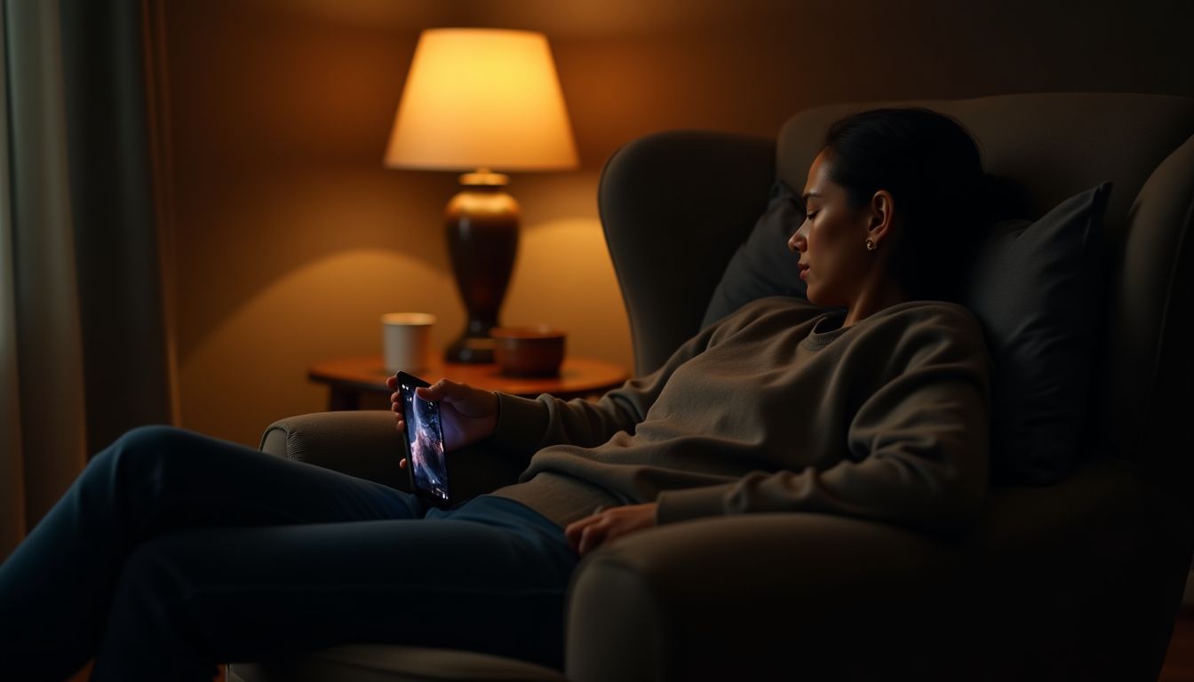 A cinematic photograph of a person sitting back in a comfortable chair with a phone resting in their lap, steaming mug on the armrest, soft golden lamp light, relieved peaceful mood, charcoal and amber tones, photorealistic, no text